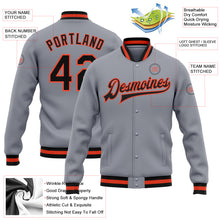 Load image into Gallery viewer, Custom Gray Black-Orange Bomber Full-Snap Varsity Letterman Jacket
