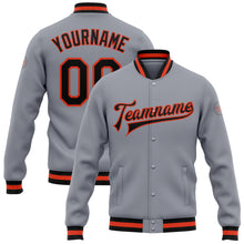 Load image into Gallery viewer, Custom Gray Black-Orange Bomber Full-Snap Varsity Letterman Jacket
