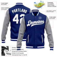 Load image into Gallery viewer, Custom Royal White-Gray Bomber Full-Snap Varsity Letterman Two Tone Jacket
