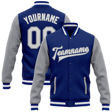 Load image into Gallery viewer, Custom Royal White-Gray Bomber Full-Snap Varsity Letterman Two Tone Jacket
