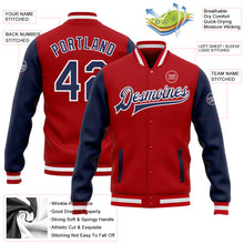 Load image into Gallery viewer, Custom Red Navy-White Bomber Full-Snap Varsity Letterman Two Tone Jacket
