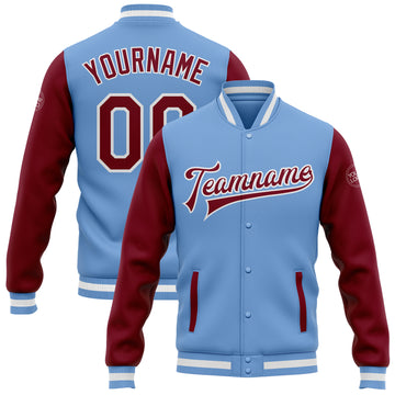 Custom Light Blue Crimson-White Bomber Full-Snap Varsity Letterman Two Tone Jacket