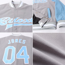 Load image into Gallery viewer, Custom Gray Light Blue-White Bomber Full-Snap Varsity Letterman Two Tone Jacket
