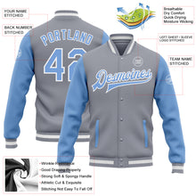 Load image into Gallery viewer, Custom Gray Light Blue-White Bomber Full-Snap Varsity Letterman Two Tone Jacket
