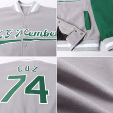 Load image into Gallery viewer, Custom Gray Kelly Green-White Bomber Full-Snap Varsity Letterman Two Tone Jacket
