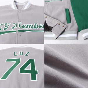 Custom Gray Kelly Green-White Bomber Full-Snap Varsity Letterman Two Tone Jacket