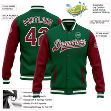 Load image into Gallery viewer, Custom Kelly Green Crimson-White Bomber Full-Snap Varsity Letterman Two Tone Jacket

