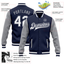 Load image into Gallery viewer, Custom Navy White-Gray Bomber Full-Snap Varsity Letterman Two Tone Jacket

