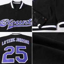 Load image into Gallery viewer, Custom Black Purple-White Bomber Full-Snap Varsity Letterman Jacket
