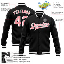Load image into Gallery viewer, Custom Black Medium Pink-White Bomber Full-Snap Varsity Letterman Jacket
