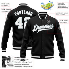 Load image into Gallery viewer, Custom Black White-Silver Bomber Full-Snap Varsity Letterman Jacket
