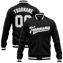 Load image into Gallery viewer, Custom Black White-Silver Bomber Full-Snap Varsity Letterman Jacket
