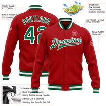 Load image into Gallery viewer, Custom Red Kelly Green-White Bomber Full-Snap Varsity Letterman Jacket
