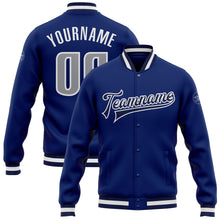 Load image into Gallery viewer, Custom Royal Gray-Navy Bomber Full-Snap Varsity Letterman Jacket
