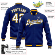 Load image into Gallery viewer, Custom Royal White Navy-Gold Bomber Full-Snap Varsity Letterman Jacket
