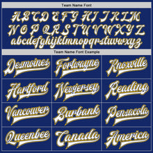 Load image into Gallery viewer, Custom Royal White Navy-Gold Bomber Full-Snap Varsity Letterman Jacket
