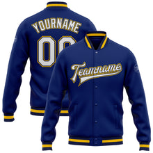 Load image into Gallery viewer, Custom Royal White Navy-Gold Bomber Full-Snap Varsity Letterman Jacket
