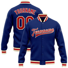Load image into Gallery viewer, Custom Royal Red-Cream Bomber Full-Snap Varsity Letterman Jacket

