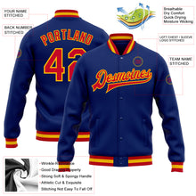 Load image into Gallery viewer, Custom Royal Red-Gold Bomber Full-Snap Varsity Letterman Jacket
