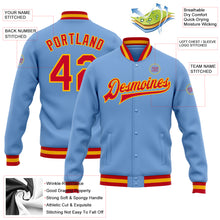 Load image into Gallery viewer, Custom Light Blue Red-Gold Bomber Full-Snap Varsity Letterman Jacket
