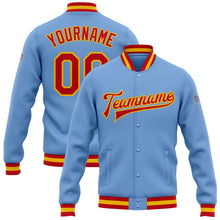 Load image into Gallery viewer, Custom Light Blue Red-Gold Bomber Full-Snap Varsity Letterman Jacket
