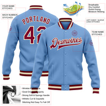 Load image into Gallery viewer, Custom Light Blue Maroon-Cream Bomber Full-Snap Varsity Letterman Jacket
