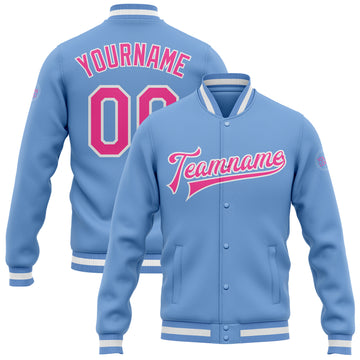 Custom Light Blue Pink-White Bomber Full-Snap Varsity Letterman Jacket