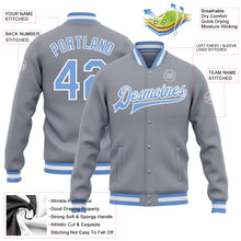 Load image into Gallery viewer, Custom Gray Light Blue-White Bomber Full-Snap Varsity Letterman Jacket
