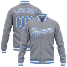 Load image into Gallery viewer, Custom Gray Light Blue-White Bomber Full-Snap Varsity Letterman Jacket
