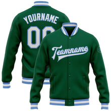Load image into Gallery viewer, Custom Kelly Green White-Light Blue Bomber Full-Snap Varsity Letterman Jacket
