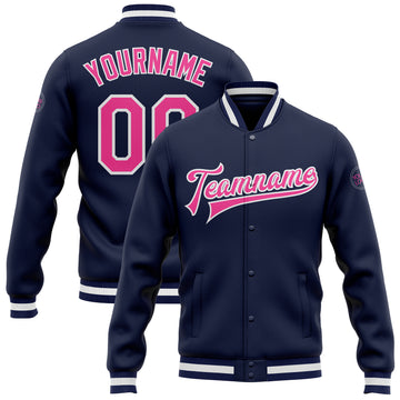 Custom Navy Pink-White Bomber Full-Snap Varsity Letterman Jacket