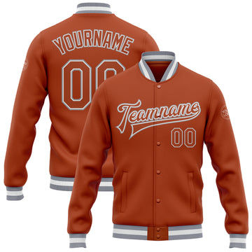 Custom Texas Orange Texas Orange Gray-White Bomber Full-Snap Varsity Letterman Jacket