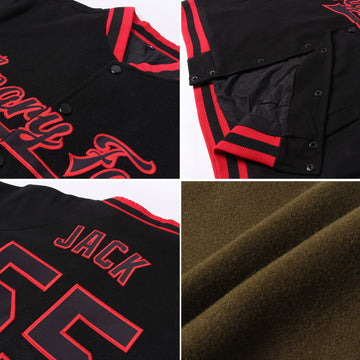 Custom Olive Red-Cream Bomber Full-Snap Varsity Letterman Salute To Service Jacket