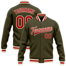 Load image into Gallery viewer, Custom Olive Red-Cream Bomber Full-Snap Varsity Letterman Salute To Service Jacket
