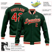 Load image into Gallery viewer, Custom Green Red-Cream Bomber Full-Snap Varsity Letterman Jacket

