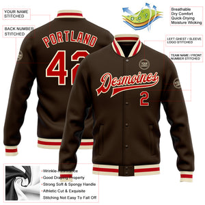 Custom Brown Red-Cream Bomber Full-Snap Varsity Letterman Jacket