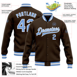 Custom Brown Light Blue-White Bomber Full-Snap Varsity Letterman Jacket