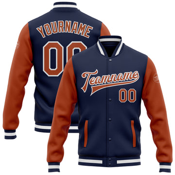 Custom Navy Texas Orange-White Bomber Full-Snap Varsity Letterman Two Tone Jacket