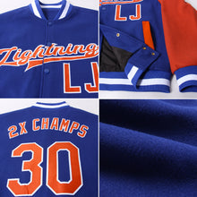 Load image into Gallery viewer, Custom Royal Texas Orange-White Bomber Full-Snap Varsity Letterman Two Tone Jacket
