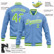Load image into Gallery viewer, Custom Light Blue Neon Green-White Bomber Full-Snap Varsity Letterman Jacket
