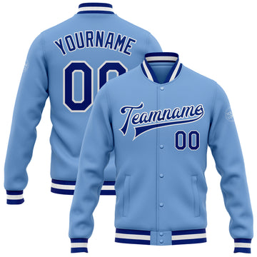 Custom Light Blue Royal-White Bomber Full-Snap Varsity Letterman Jacket