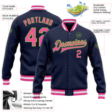 Load image into Gallery viewer, Custom Navy Pink-Neon Green Bomber Full-Snap Varsity Letterman Jacket
