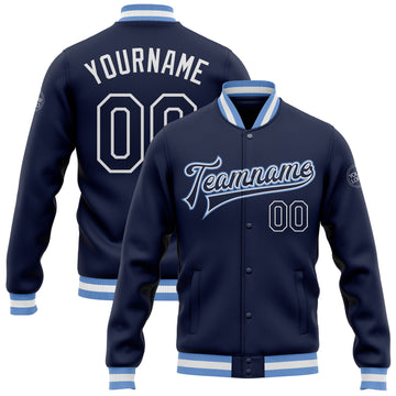 Custom Navy Navy-Light Blue Bomber Full-Snap Varsity Letterman Jacket