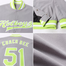 Load image into Gallery viewer, Custom Gray Neon Green-White Bomber Full-Snap Varsity Letterman Jacket
