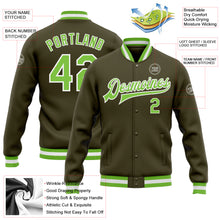 Load image into Gallery viewer, Custom Olive Neon Green-White Bomber Full-Snap Varsity Letterman Salute To Service Jacket
