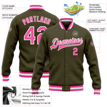Load image into Gallery viewer, Custom Olive Pink-White Bomber Full-Snap Varsity Letterman Salute To Service Jacket
