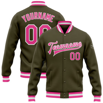 Custom Olive Pink-White Bomber Full-Snap Varsity Letterman Salute To Service Jacket