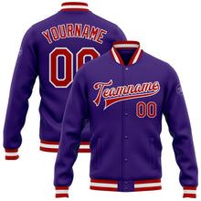Load image into Gallery viewer, Custom Purple Red-White Bomber Full-Snap Varsity Letterman Jacket
