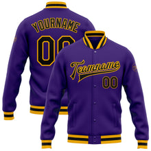 Load image into Gallery viewer, Custom Purple Black-Gold Bomber Full-Snap Varsity Letterman Jacket
