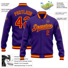 Load image into Gallery viewer, Custom Purple Red-Gold Bomber Full-Snap Varsity Letterman Jacket
